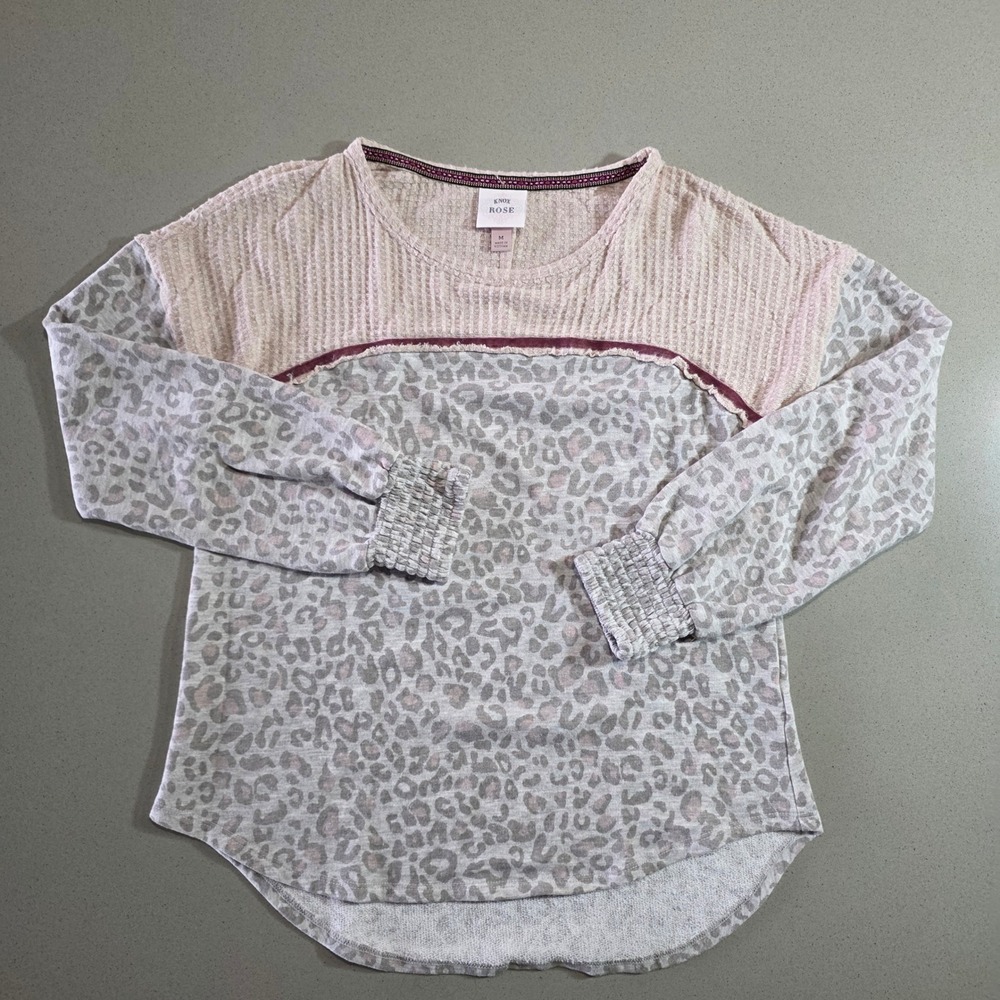 Knox Rose Womens Medium Leopard Print Waffle Knit Mixed Media Top Grey Pink